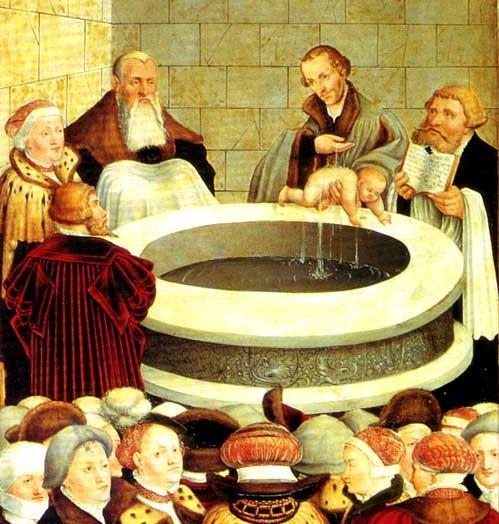 Phillip Melanchthon baptizing an infant, altarpiece in Wittenberg by Lucas Cranach the Elder and the Younger (1547)